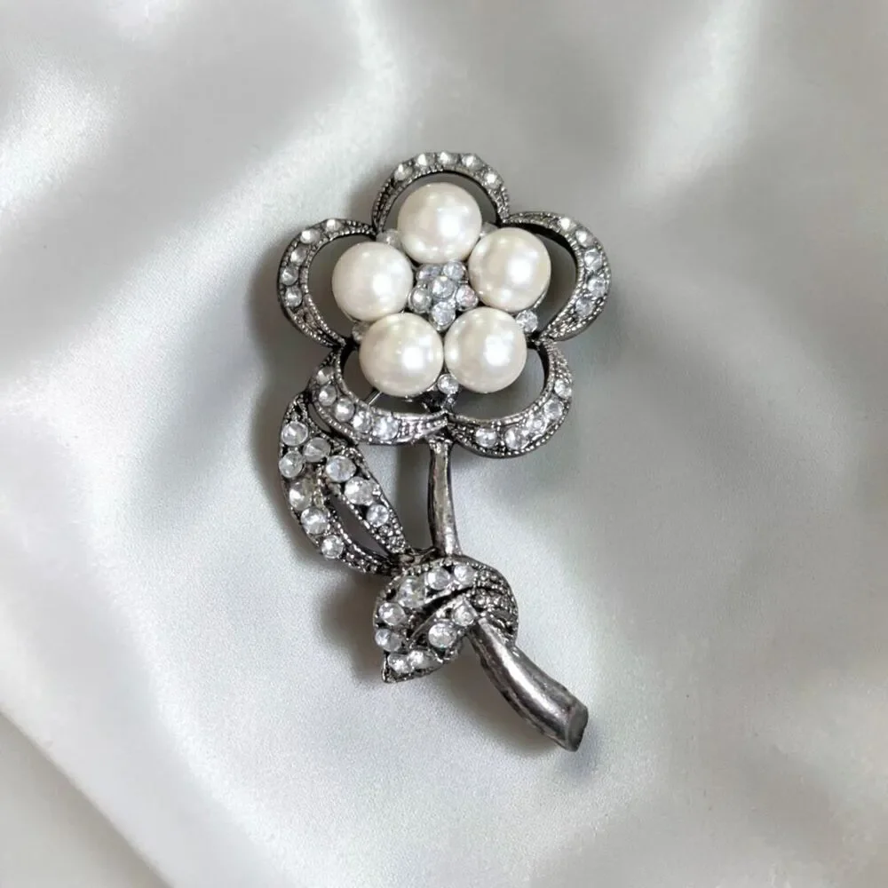 Pearl Rhinestone Flower Brooch, Silver Tone Floral Pin, Cottagecore Jewelry